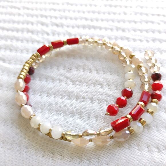 womens Boho bracelet Red/Gold Beaded Memory Wire Wrap White classic preppy - Picture 5 of 6